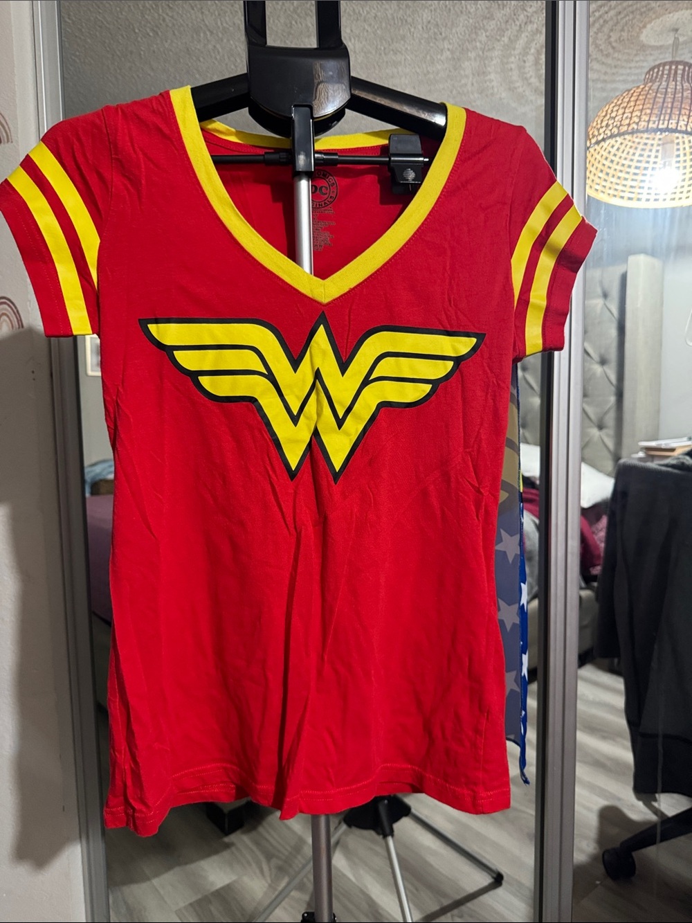 DC Comics Red V-Neck Tee with Yellow Wonder Woman Emblem